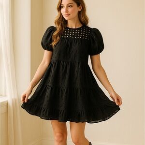 &Merci, Adorable,Completely Lined Black Eyelet Puff Sleeve Cotton Dress,Size S